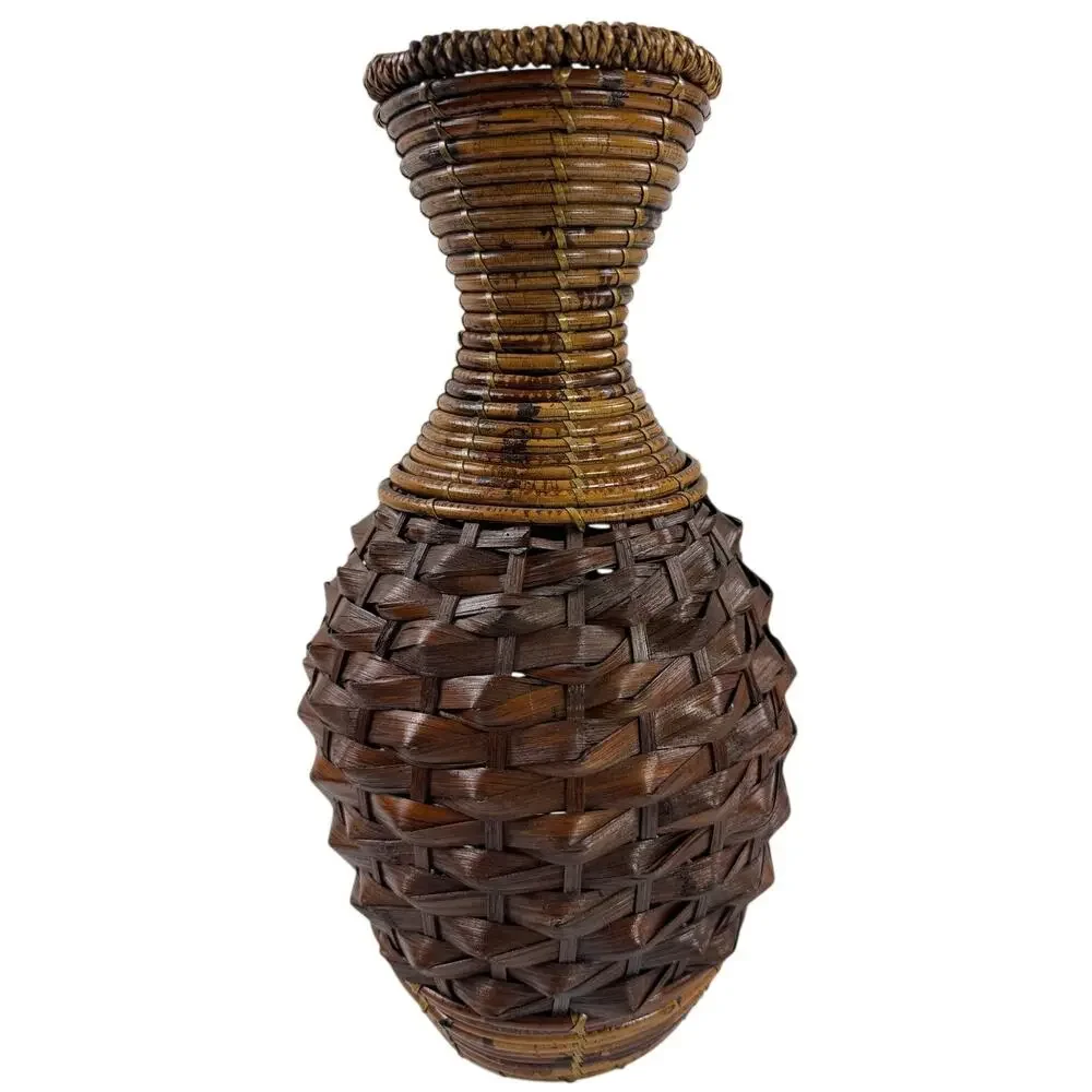 Vintage 90s Handwoven Rattan Wicker Vase 15” Brown Boho Basket Decor